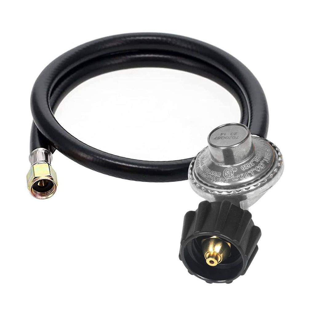 2-ft propane gas grill regulator and hose with black rubber lines and brass end fitting