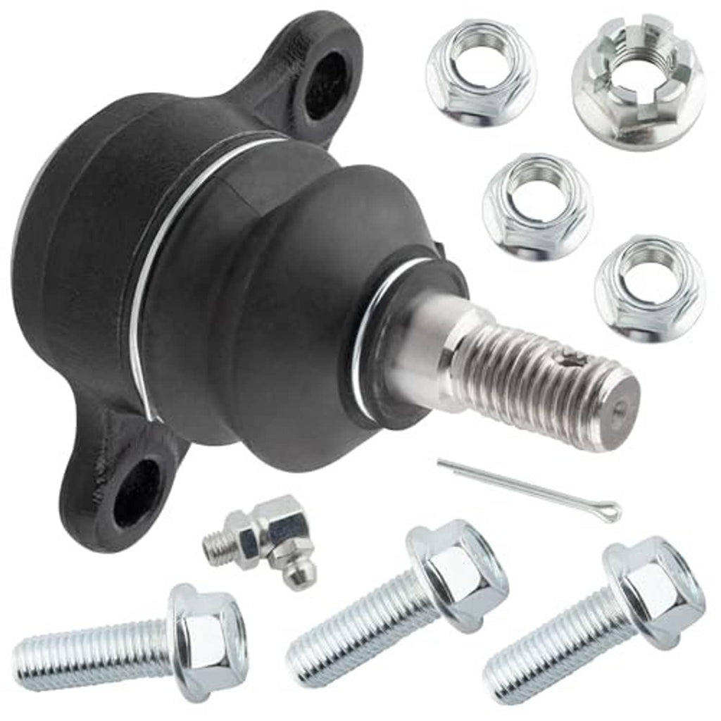 Upper ball joint with black boot and threaded stud, flange mount, chrome nuts and bolts included