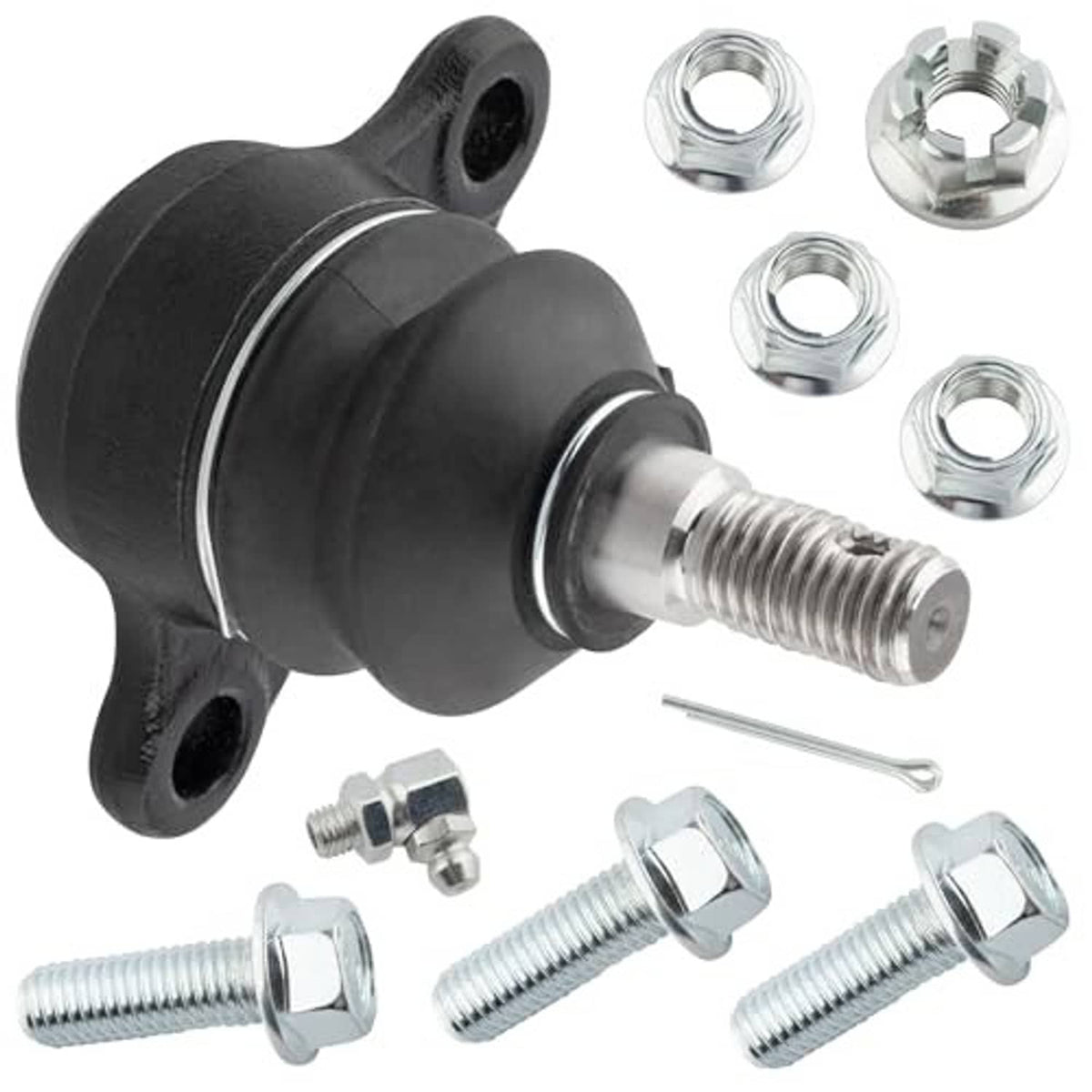 Upper ball joint with black boot and threaded stud, flange mount, chrome nuts and bolts included