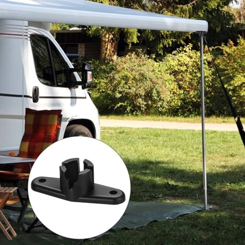 Black awning ball-end base bracket mounted on camper awning pole