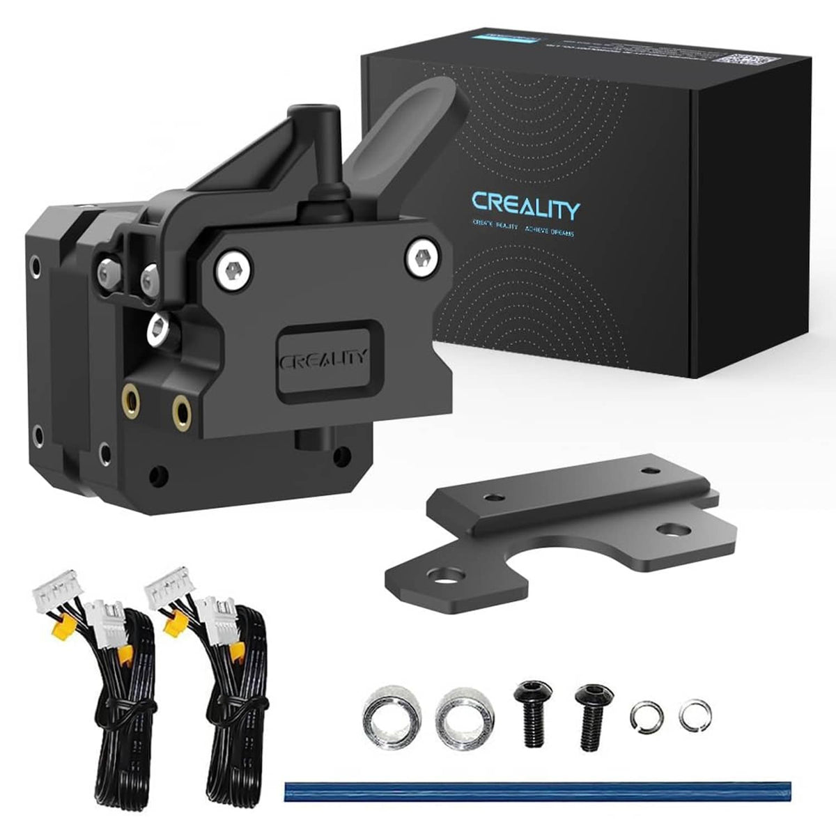 Black direct-drive extruder upgrade kit with mounting plate, screws, and ribbon cables