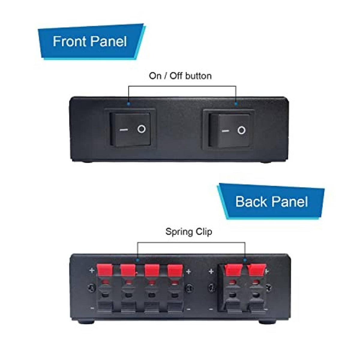 Black 2-way speaker control box with front on/off switches and rear spring clips