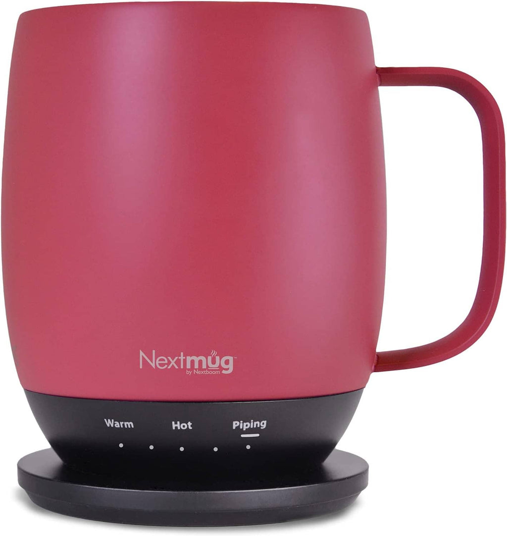 Dusty rose self-heating coffee mug with black base and front indicator labels