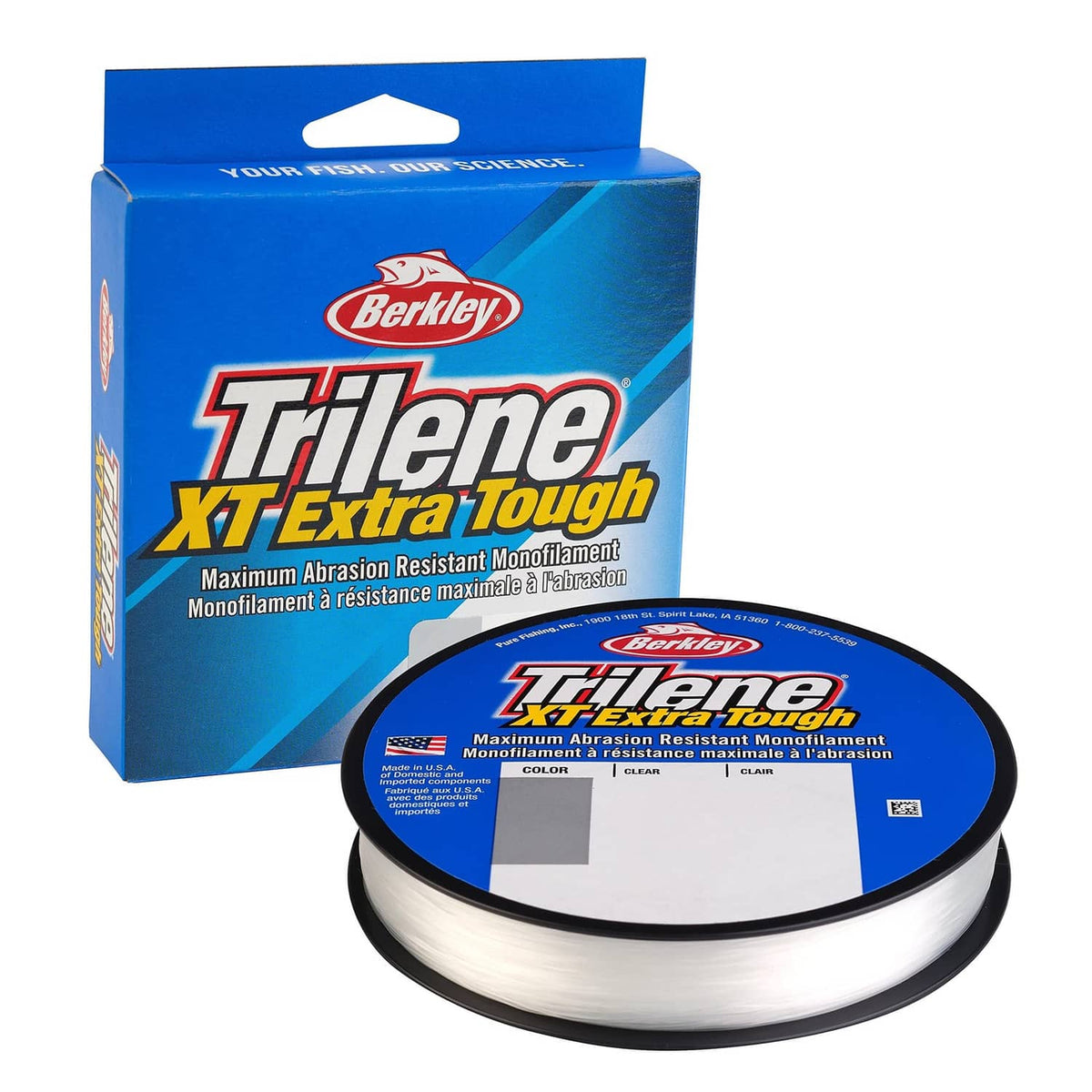 Clear monofilament fishing line spool with blue Berkley Triline XT Extra Tough label