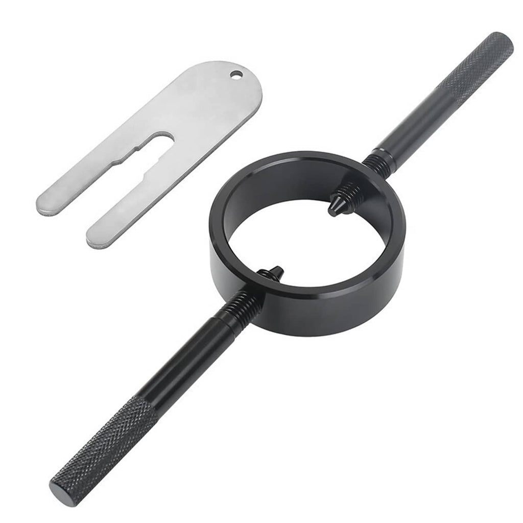 Fork spring compressor tool with black clamp ring, textured rods, and silver fork support plates