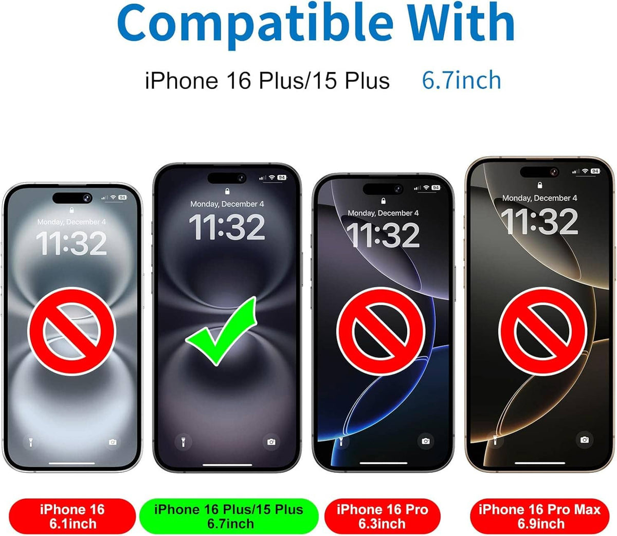 Matte glass screen protector compatibility shown on four iPhones, 6.7-inch size