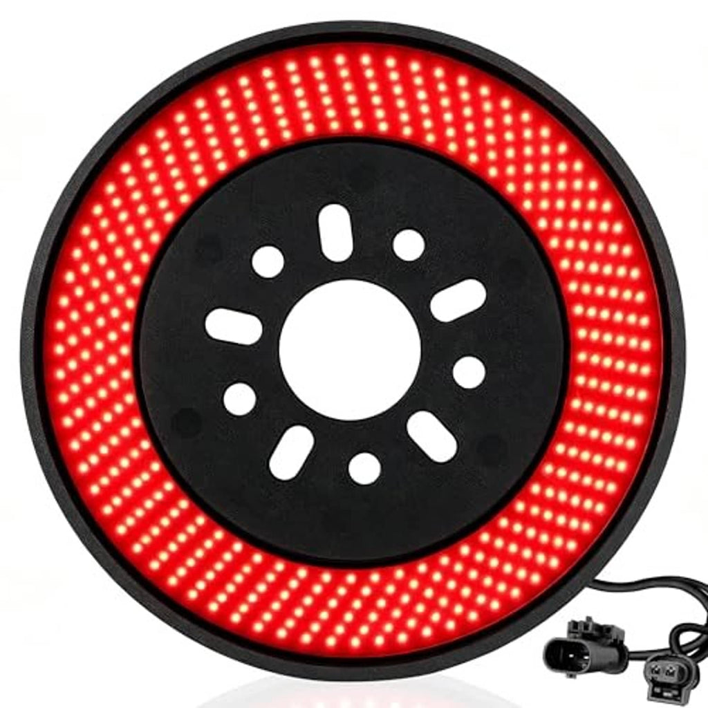 Circular LED spare-tire brake light with red dot-matrix ring and attached wiring.