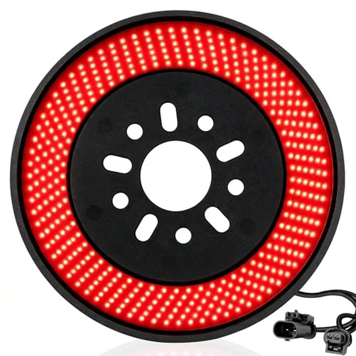 Circular LED spare-tire brake light with red dot-matrix ring and attached wiring.
