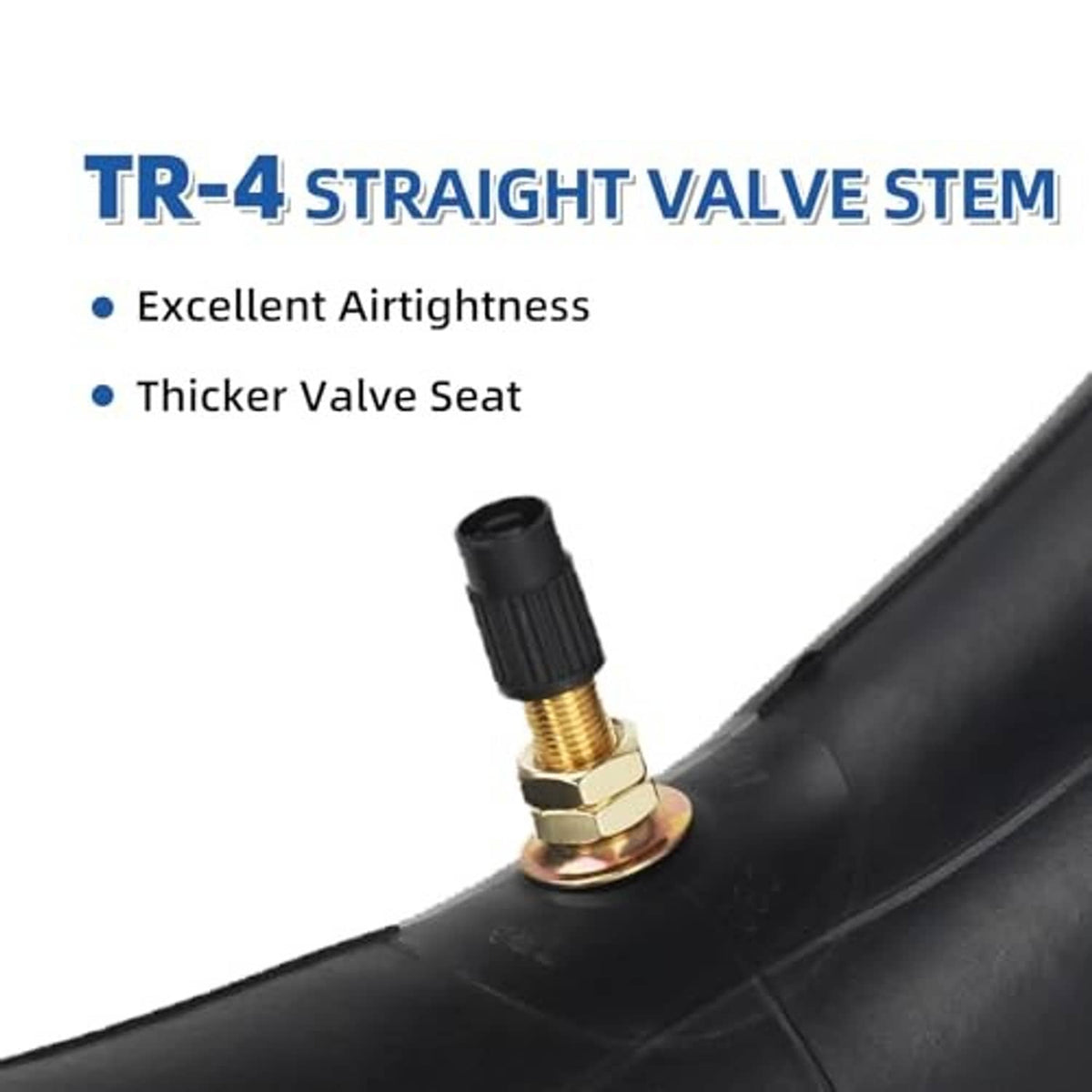 Black inner tube with TR-4 straight valve stem and brass valve fitting