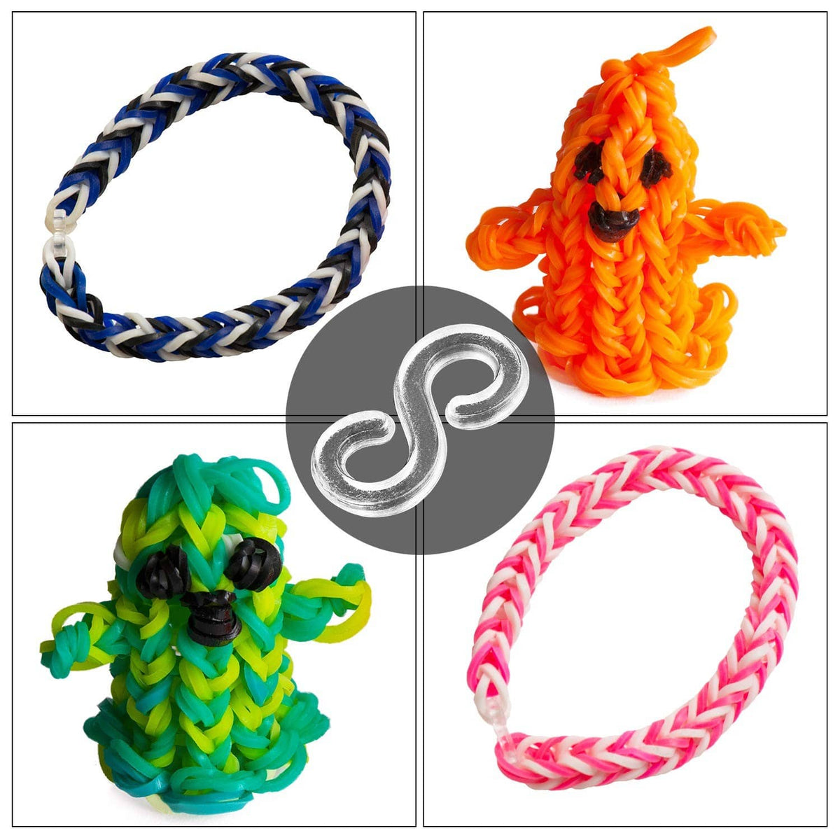 Assorted loom rubber band bracelets with S clip connectors in multiple colors