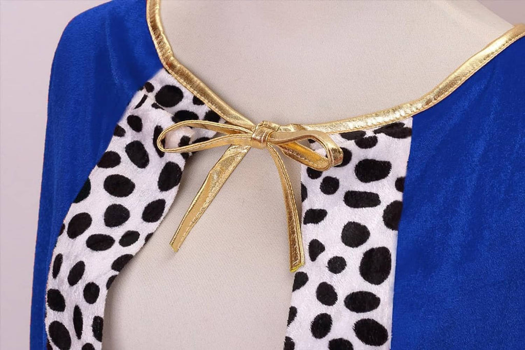 Neckline close-up: royal blue robe with leopard-print front panel and gold bow tie trim