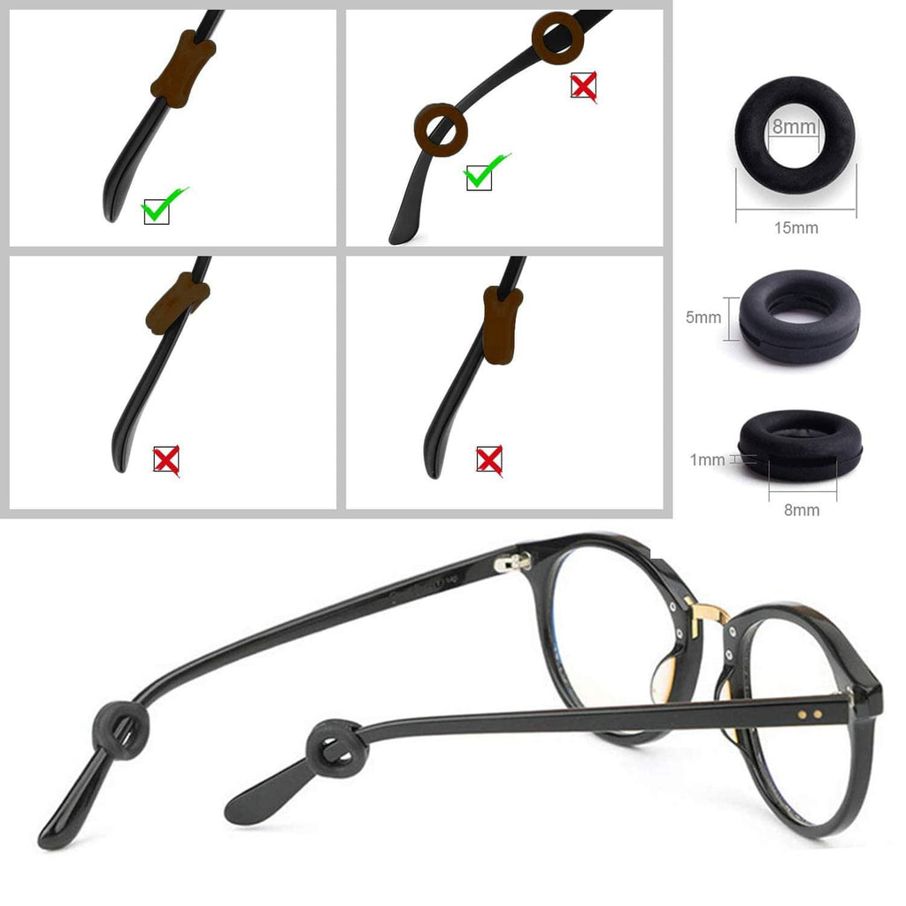 Silicone eyeglass retainers securing eyeglass temples; fit-check with small ring size