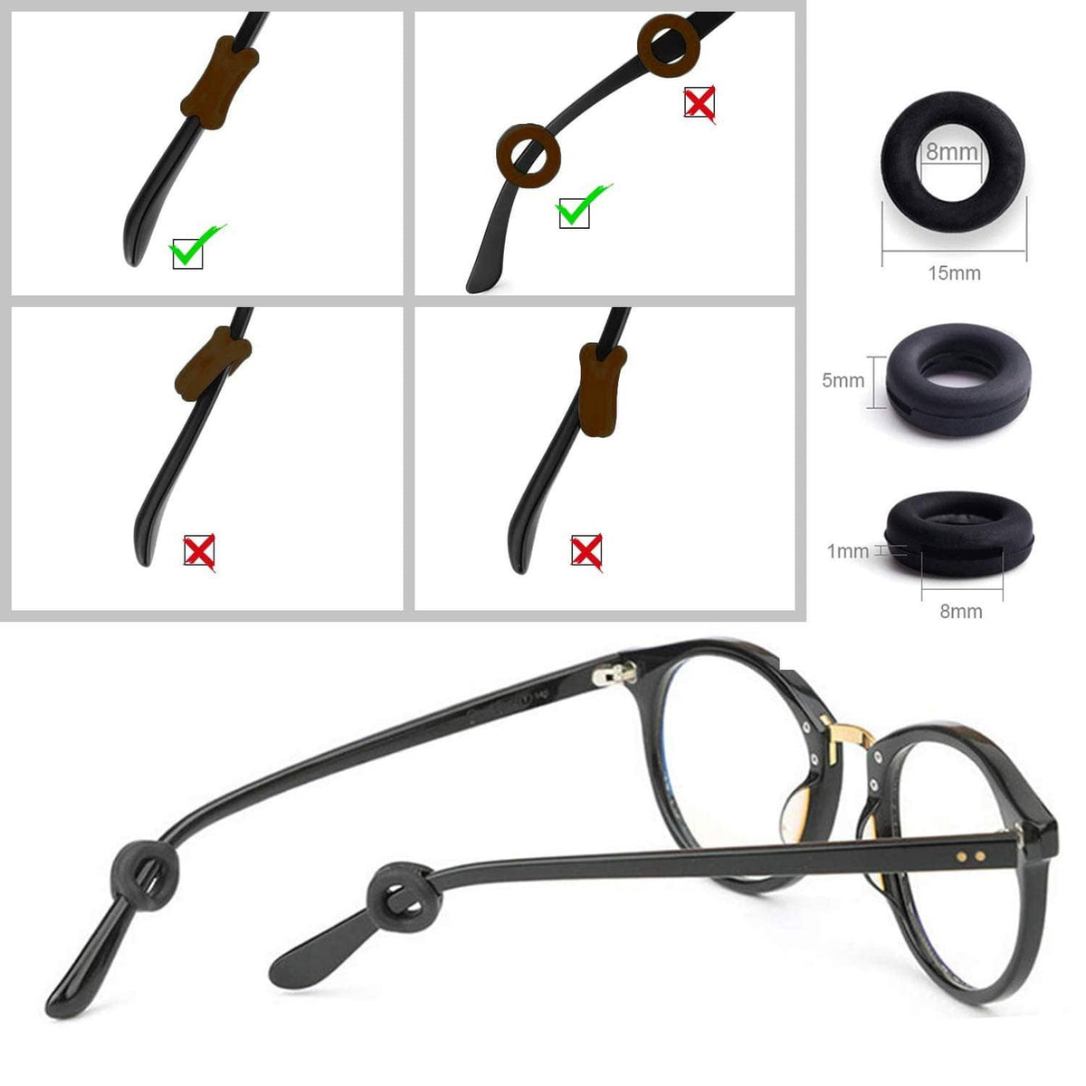 Silicone eyeglass retainers securing eyeglass temples; fit-check with small ring size
