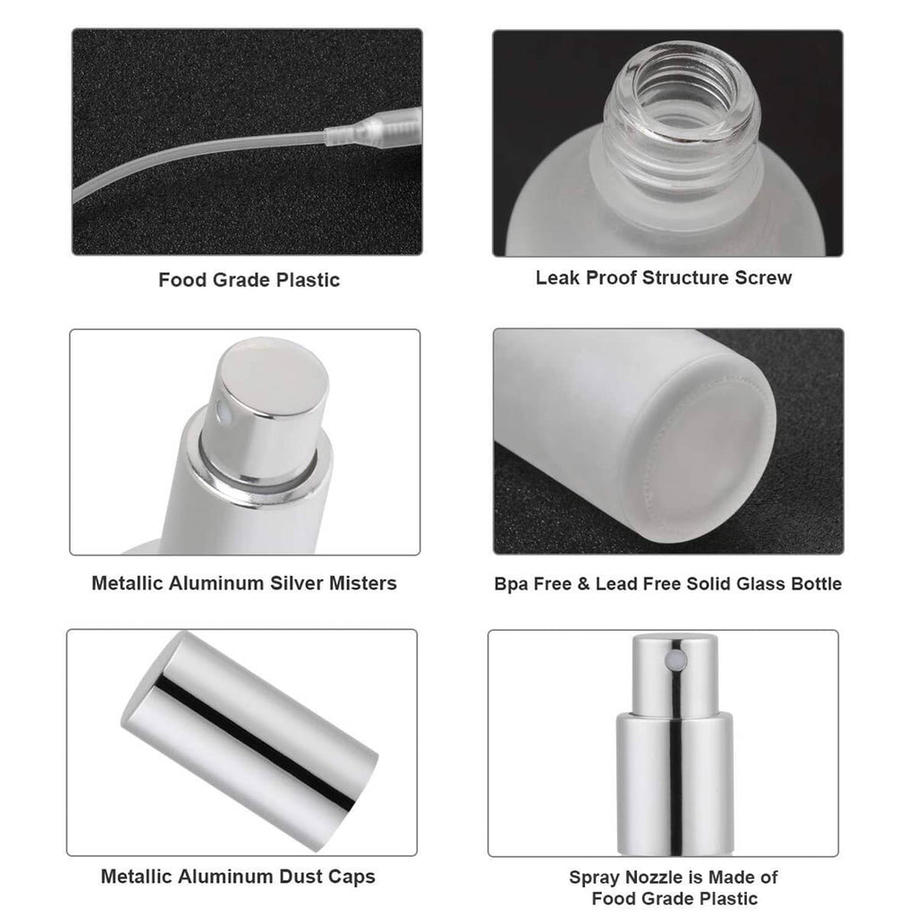 Frosted glass spray bottle set with silver cap, pump sprayer, and nozzle
