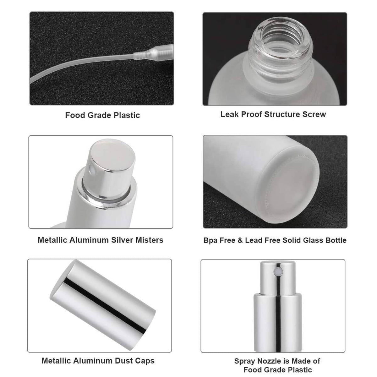 Frosted glass spray bottle set with silver cap, pump sprayer, and nozzle