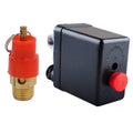 Black air compressor pressure switch control valve with red safety knob and hose port