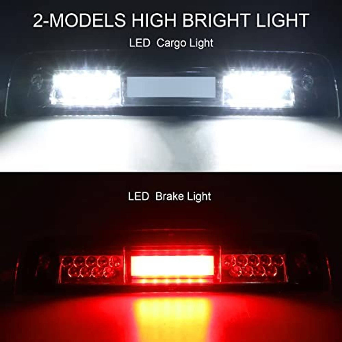 LED third brake light, red brake section glowing with white LED side bars in black housing