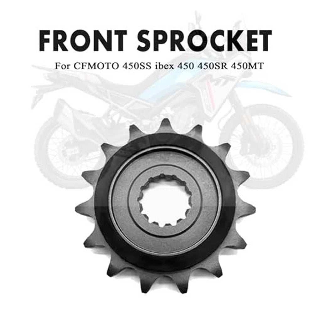 Motorcycle front sprocket with inner spline and outer teeth, dark steel