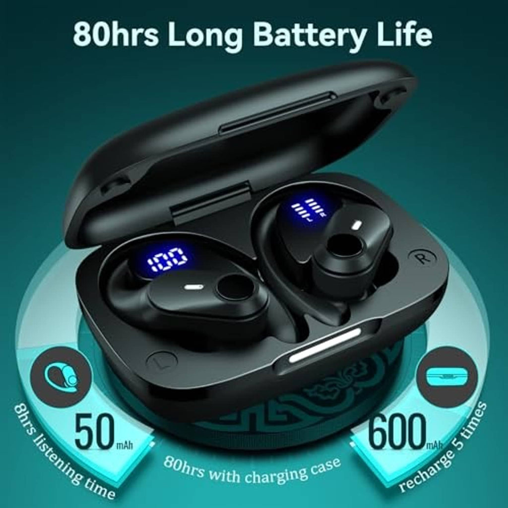 Black wireless earbuds with charging case showing blue LED level on earbuds