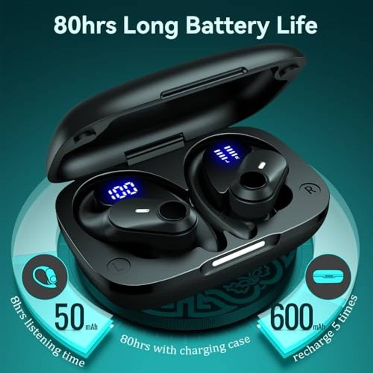 Black wireless earbuds with charging case showing blue LED level on earbuds