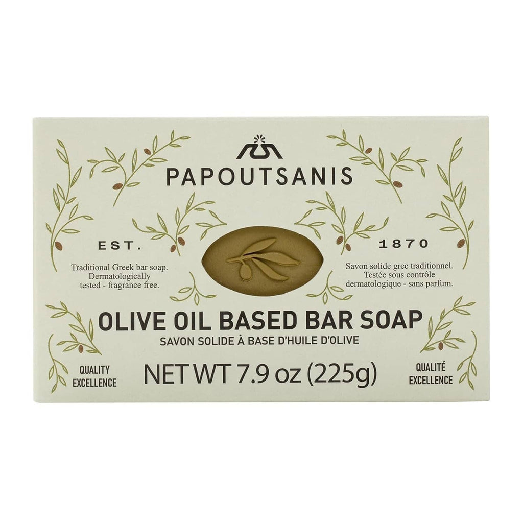 Olive oil based bar soap carton with Papoutsanis logo and olive icon