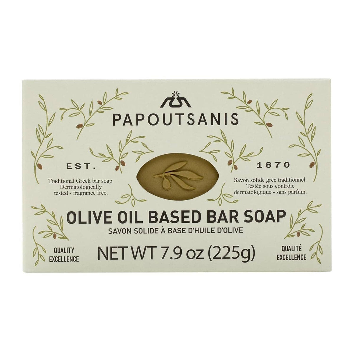 Olive oil based bar soap carton with Papoutsanis logo and olive icon
