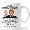 White 11 oz coffee mug with printed "Great Father-in-Law" message and portrait, right handle