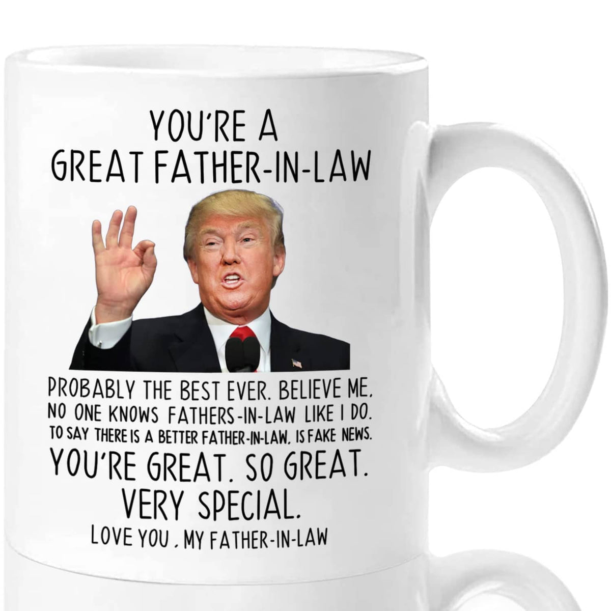 White 11 oz coffee mug with printed "Great Father-in-Law" message and portrait, right handle