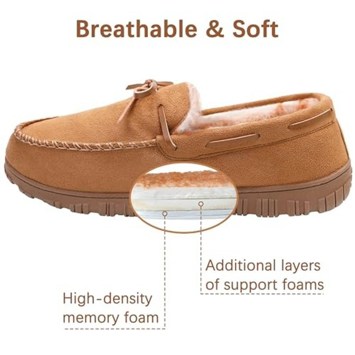 Light brown moccasin slippers cutaway view showing layered memory foam support