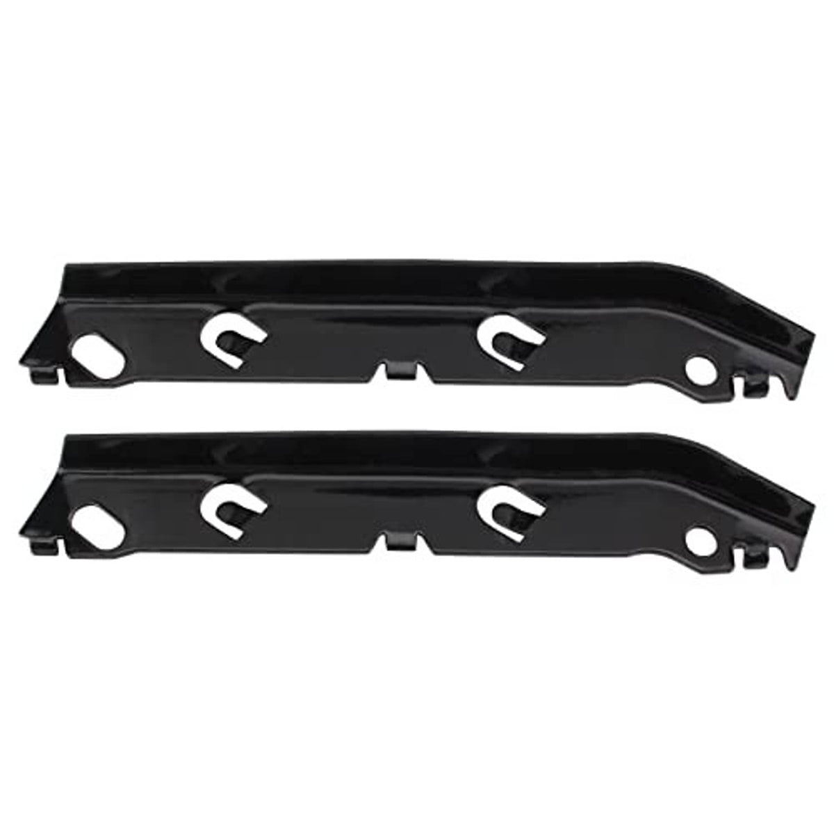Close-up of black metal front bumper brackets, left and right side pieces