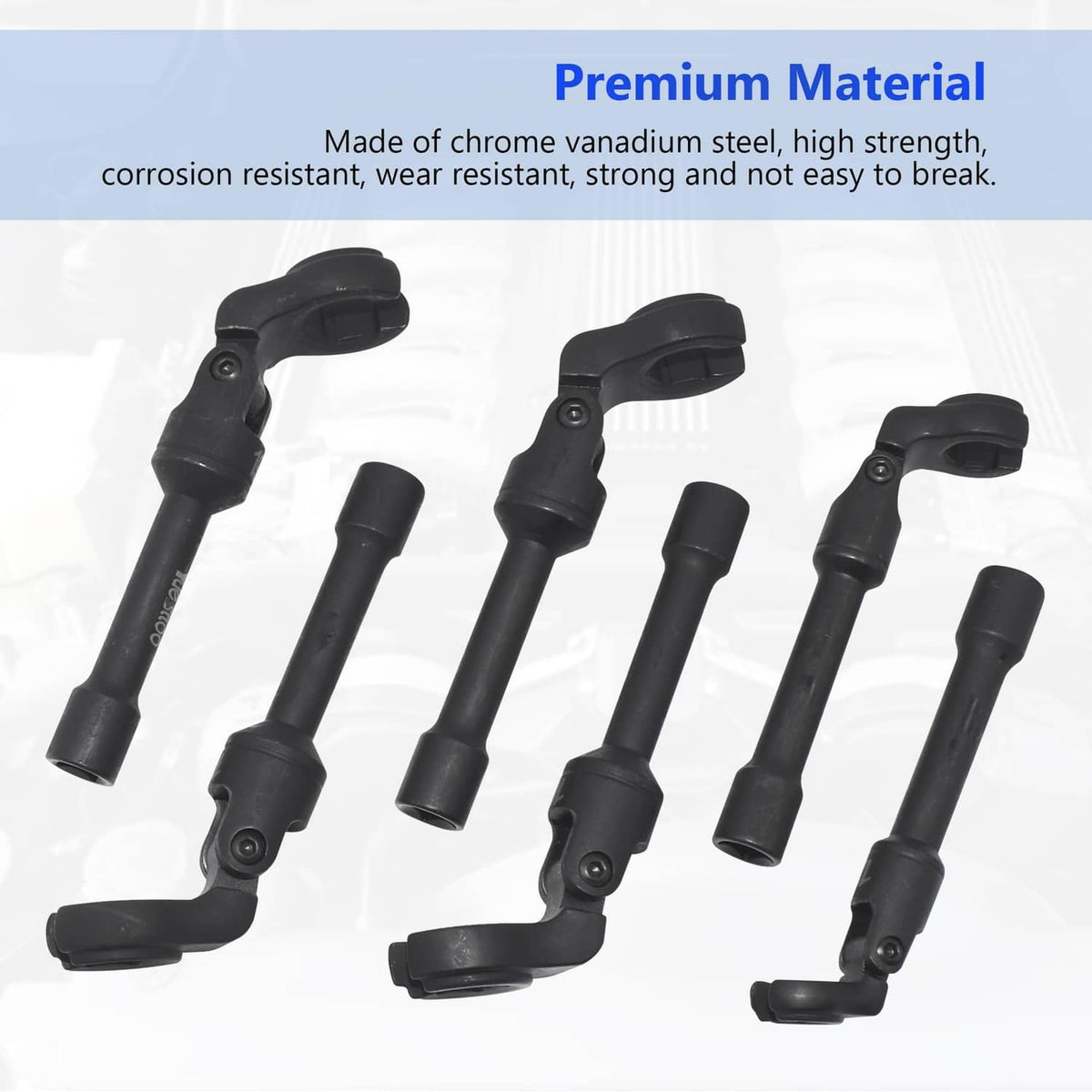 Six black flex-head line wrenches displayed side by side