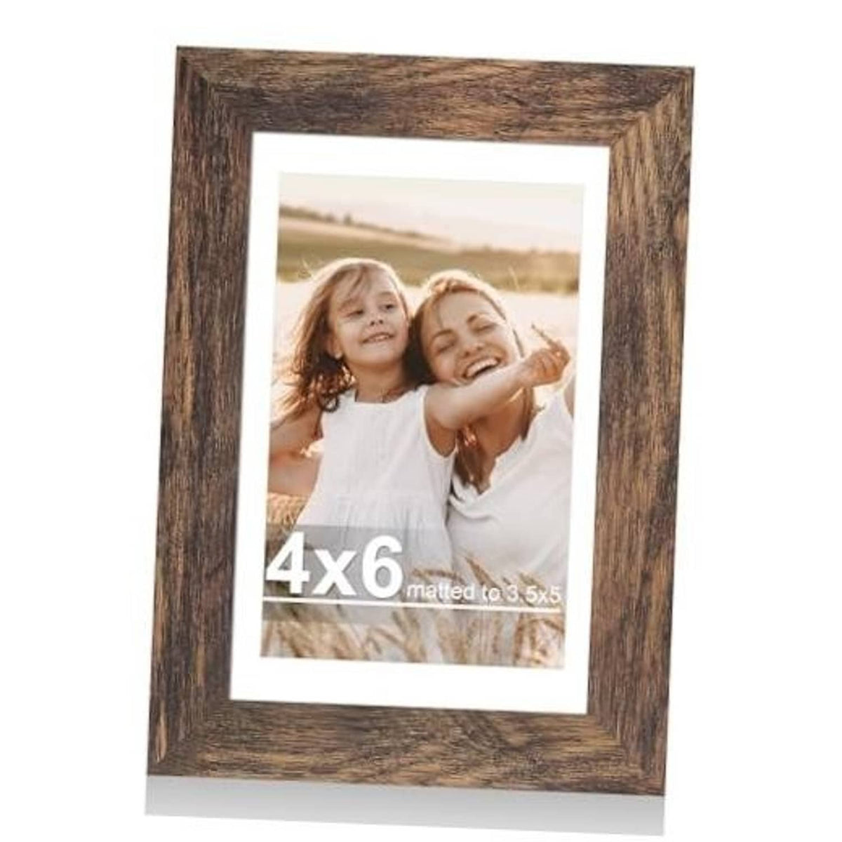 Rustic brown wooden picture frame with glass, holds 4x6 photo