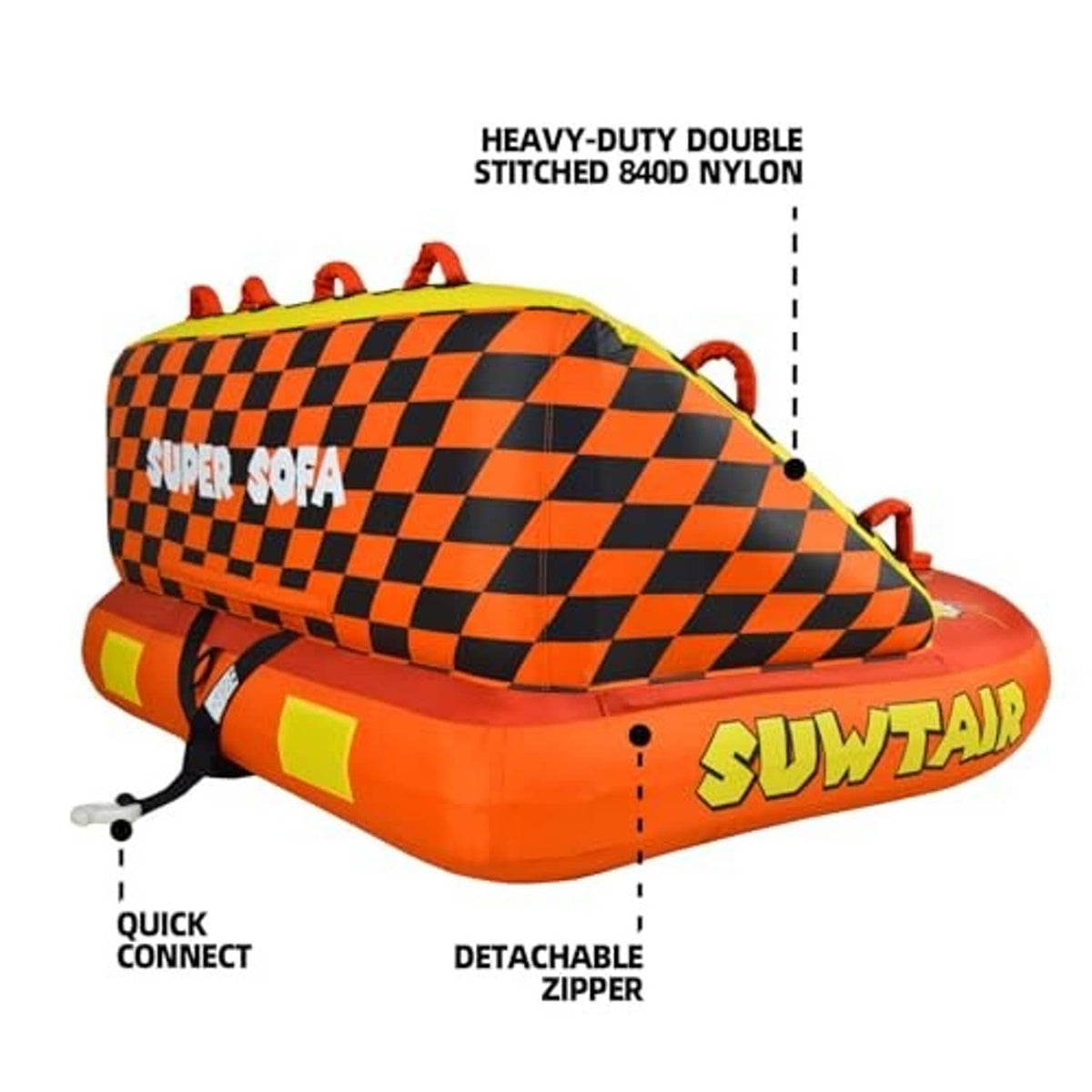 Inflatable towable pull tube with orange/yellow checker top, detachable zipper, double-stitched.