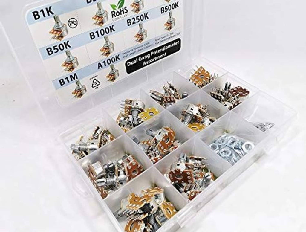 Dual gang potentiometer assortment tray showing multiple solderable PCB modules