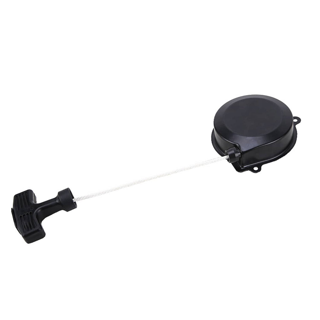 Black recoil starter housing with pull rope and ribbed pull handle, no engine shown