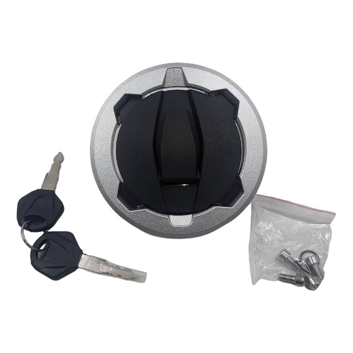 Fuel tank gas cap kit with keys and screws, black and silver