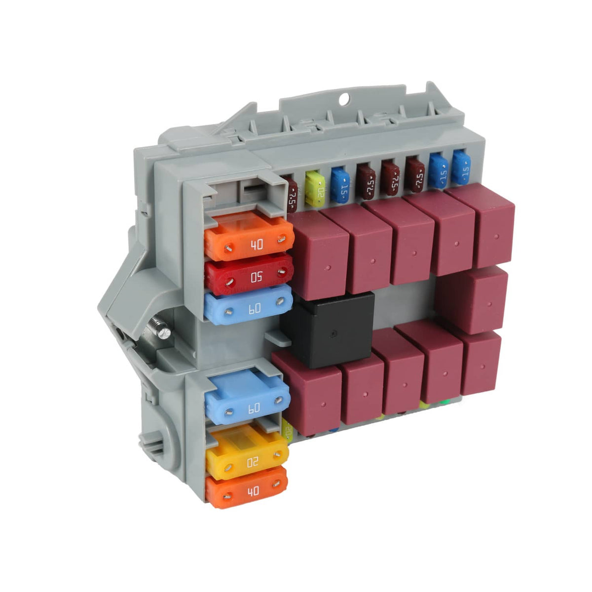 Power distribution center with exposed fuse blocks, black relay, and colored mini fuses
