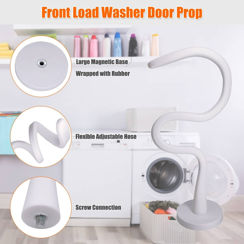 White washer door prop set with magnet base, flexible adjustable hose, and screw connection