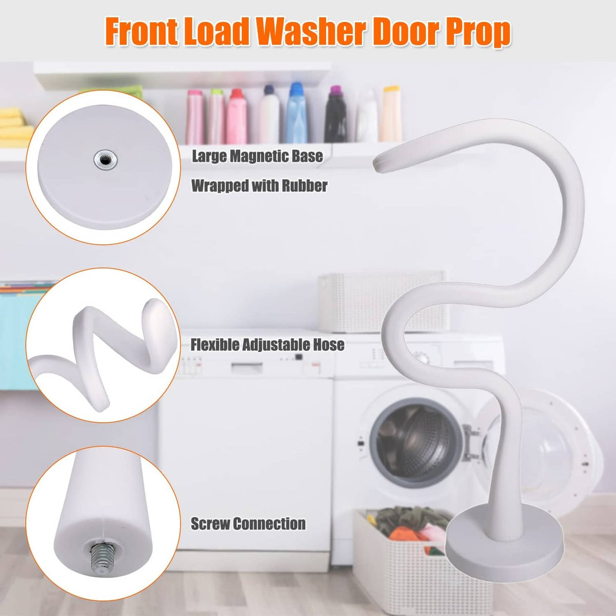 White washer door prop set with magnet base, flexible adjustable hose, and screw connection