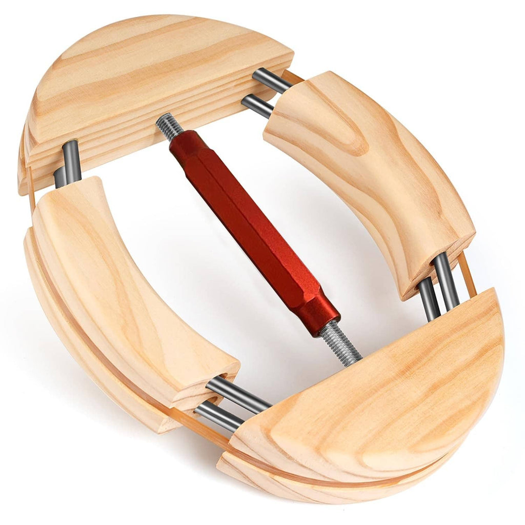 Wood hat stretcher with red adjustable turnbuckle and metal rods, round 4-way frame