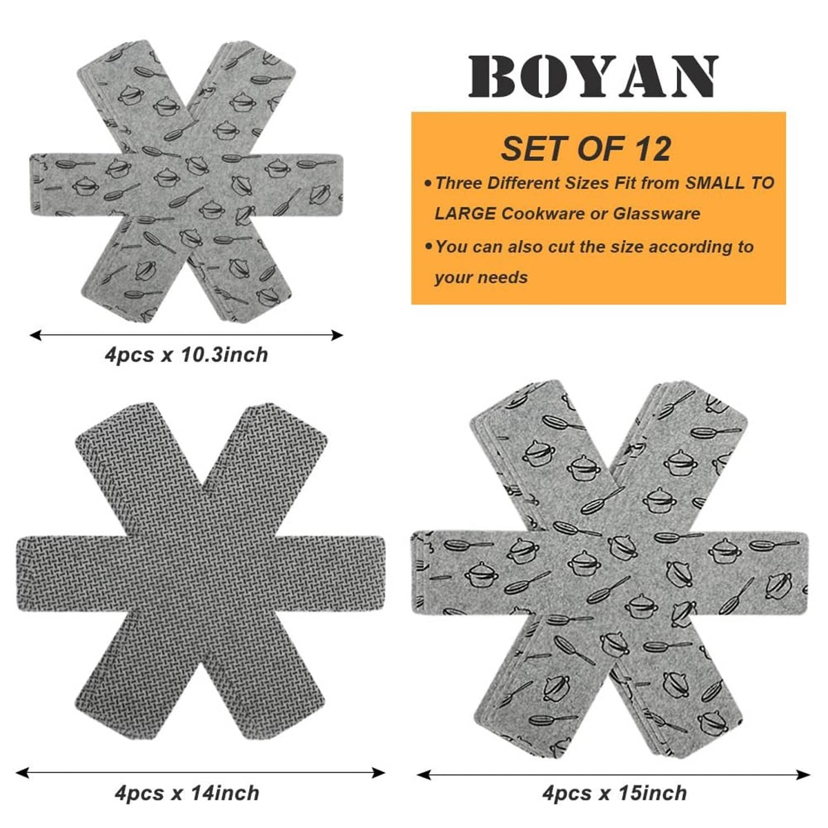 Gray utensil-pattern pot and pan protectors set of 12, multiple sizes shown