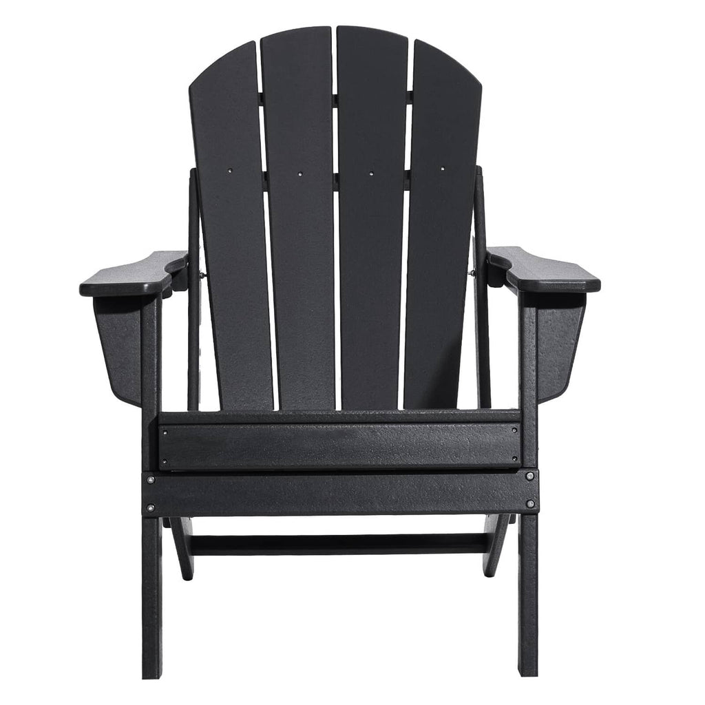 Black folding Adirondack patio chair with slatted back and side armrest tables, front view