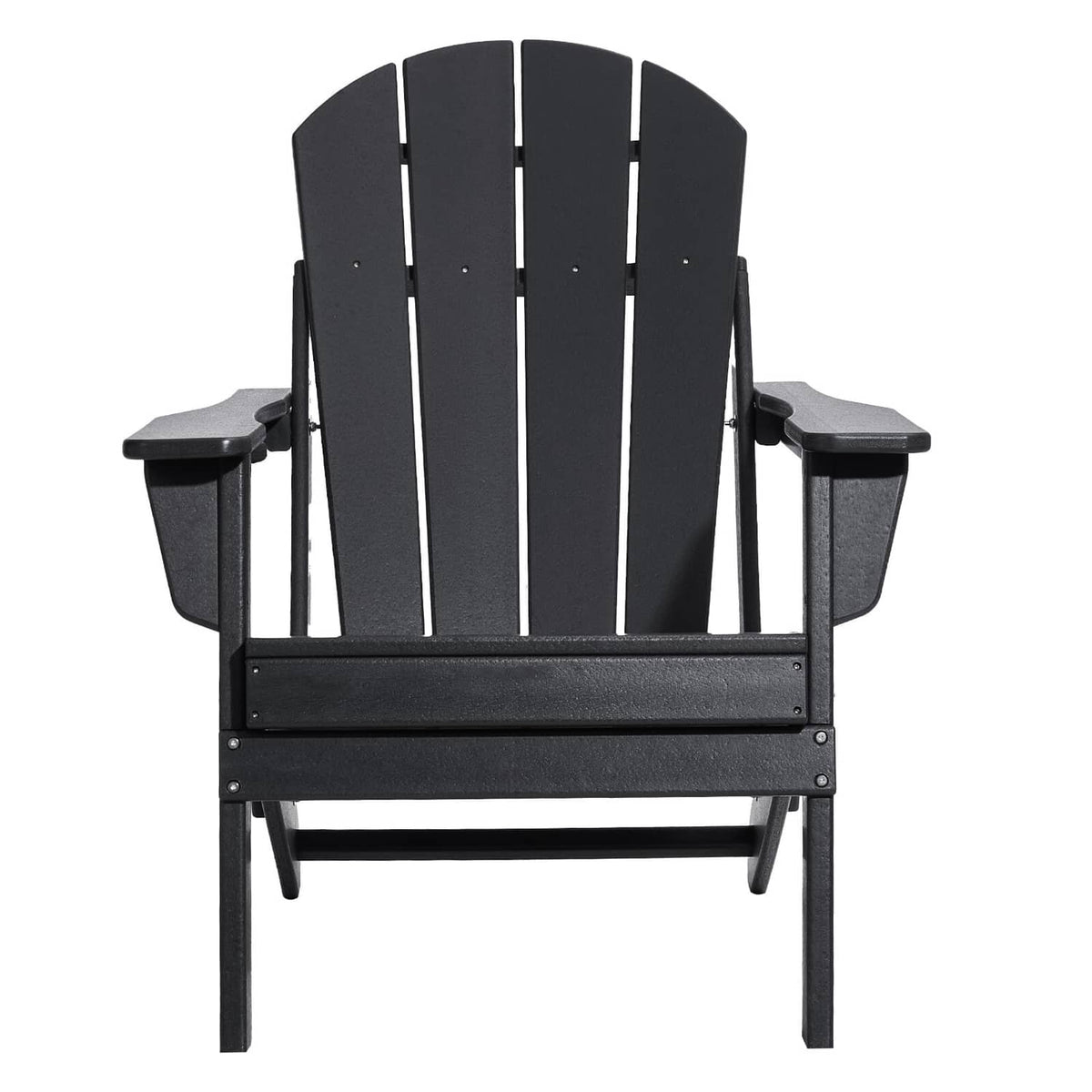 Black folding Adirondack patio chair with slatted back and side armrest tables, front view