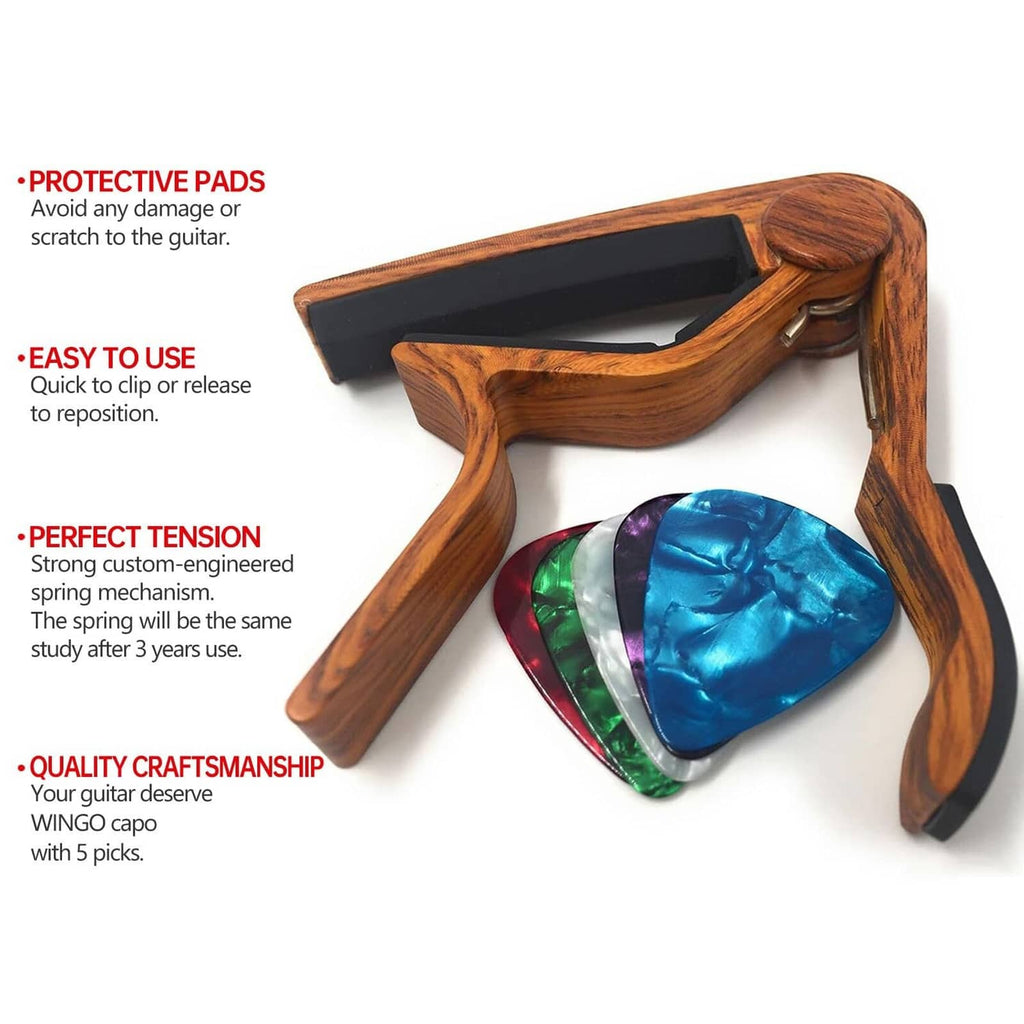 Rosewood woodgrain guitar capo with protective black pads and spring tension
