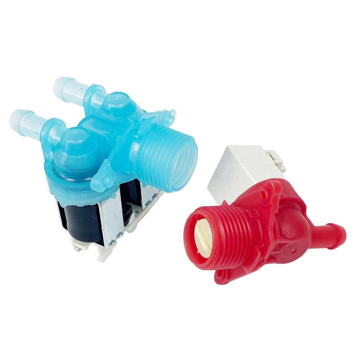 Washer inlet valve set with blue cold and red hot water valves, 1/2 in fittings