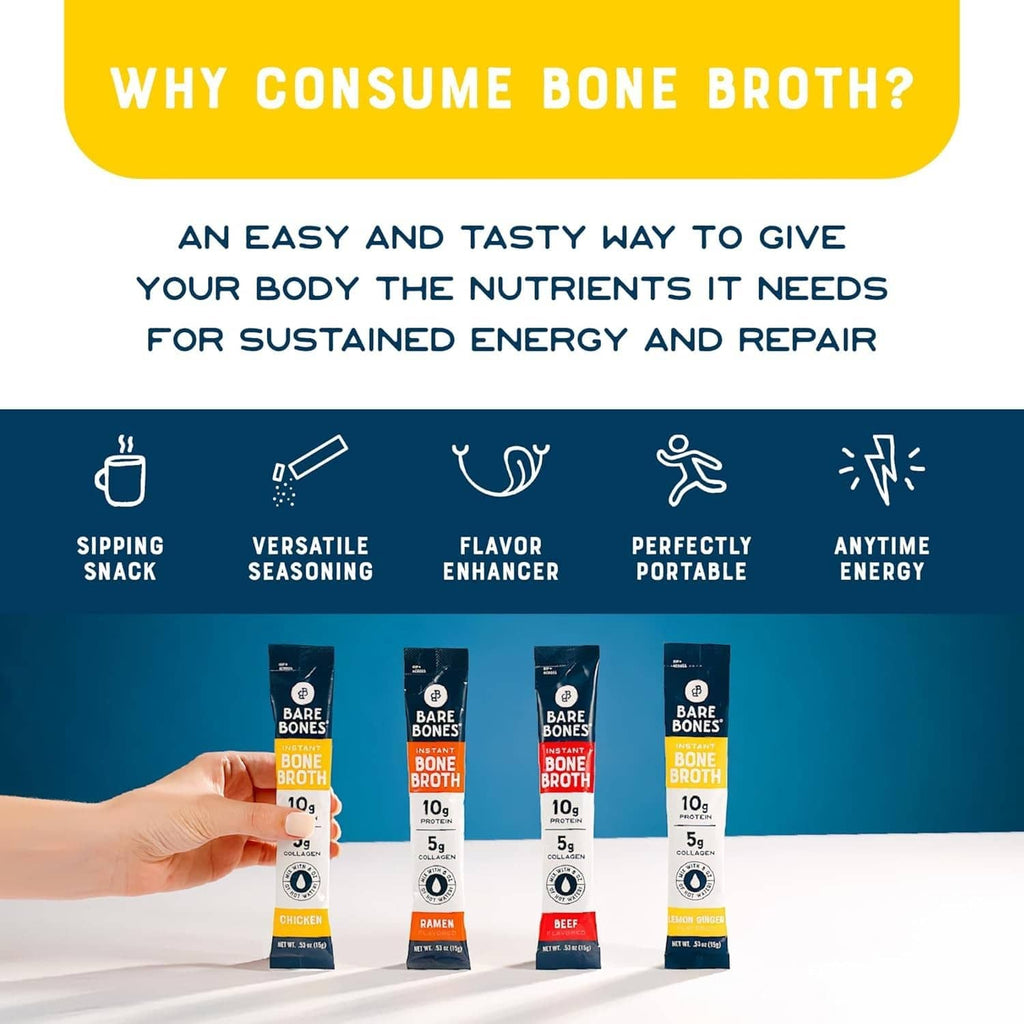 Instant bone broth powder packets held in hand with portable flavor icons