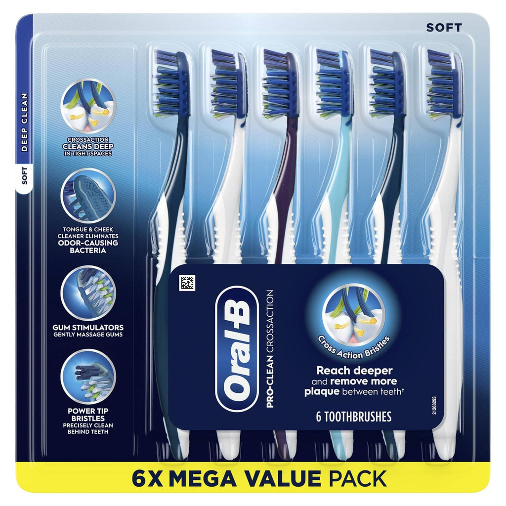 6-pack soft CrossAction toothbrushes in blue blister tray, blue handles