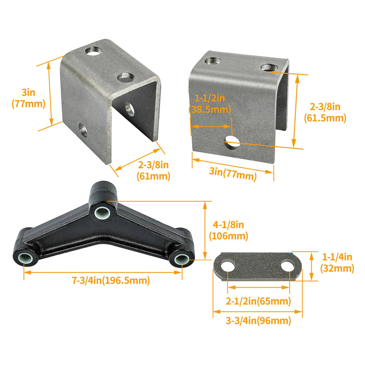 Leaf spring hanger kit parts with bracket and black U-link, showing size dimensions