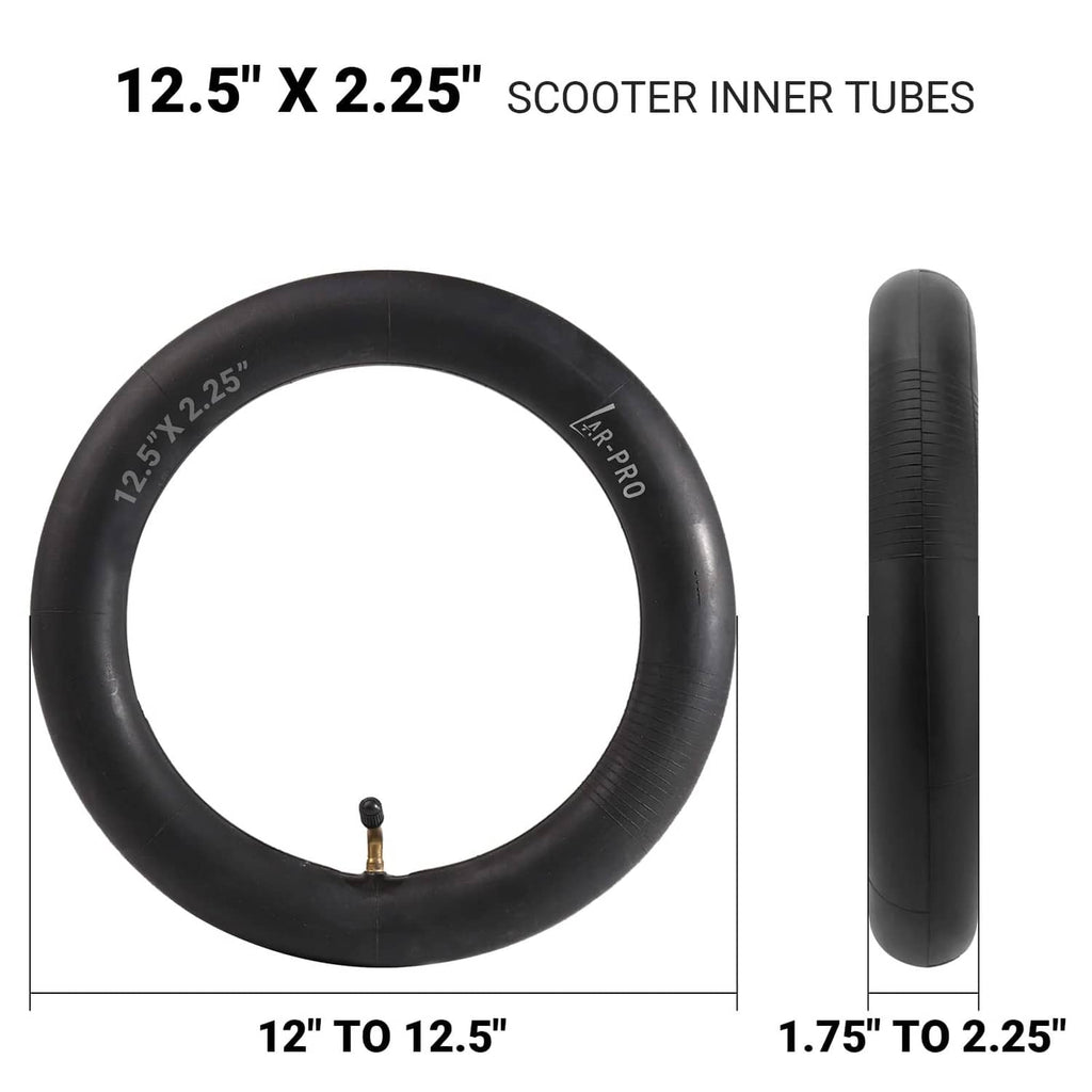 Black 12.5 x 2.25 scooter inner tubes (2-pack) with valve stem, size shown