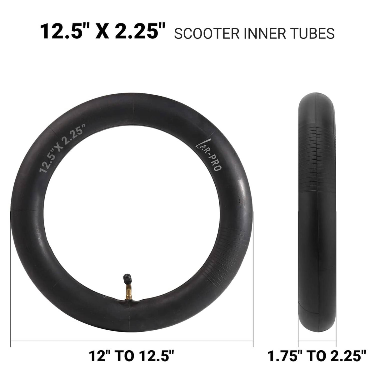 Black 12.5 x 2.25 scooter inner tubes (2-pack) with valve stem, size shown